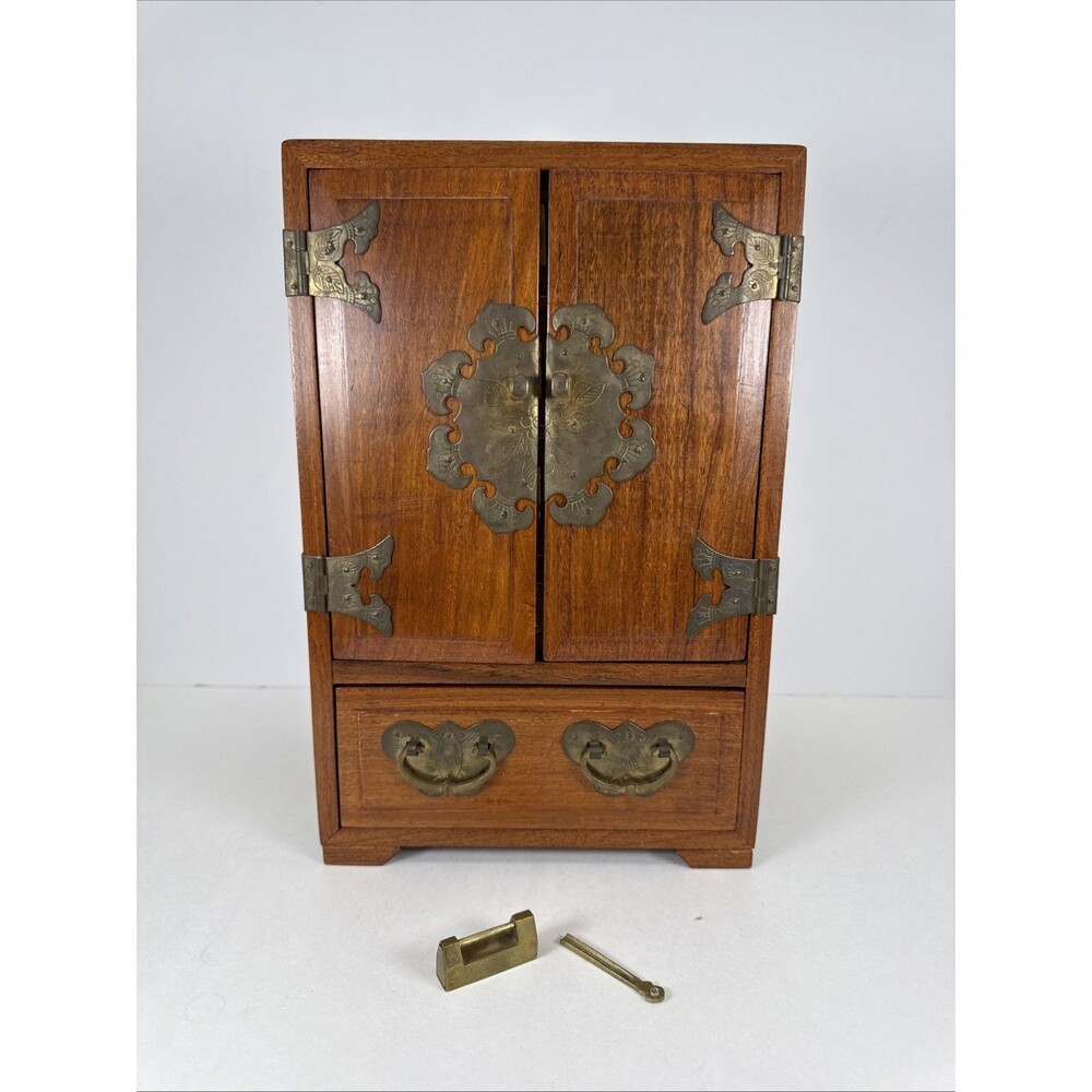 VTG Chinese wood 5 drawer Dressing case Jewelry Box 12"H w/ Lock & Key